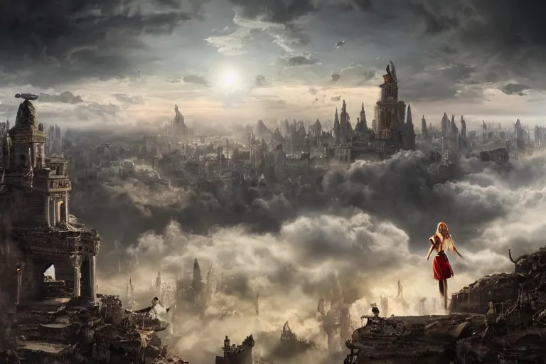 Image similar to A young rebellious woman is summoned to the majestic city of Sky, a palace above the clouds where gods' and mortals' lives are intertwined. Photo-realistic UHDR, hyperrealism, very detailed, cinematic, luminescence, 32k, mysterious, epic fantasy