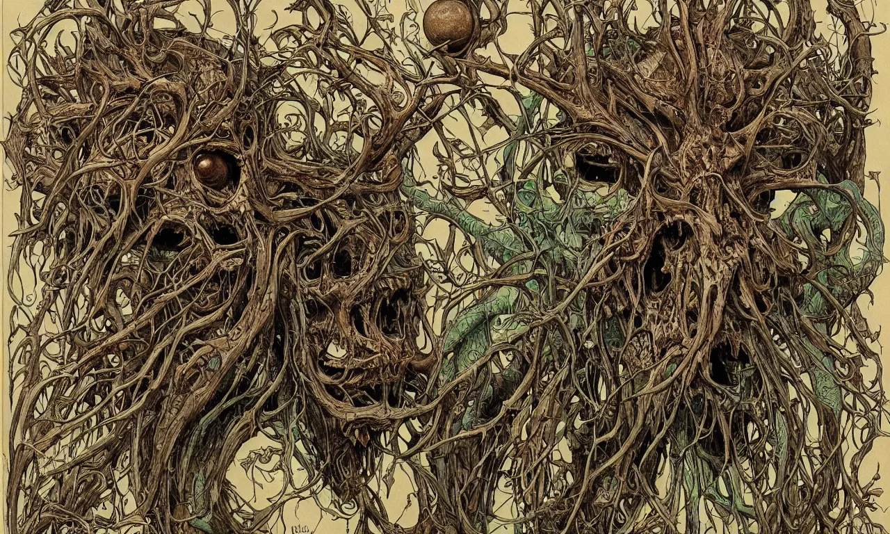 Image similar to hyperdetailed art nouveau portrait of treebeard as a cthulhu eyeball moose skull wendigo cryptid monster, by geof darrow, simon bisley and bill sienkiewicz, grim yet sparkling atmosphere, photorealism, claws, skeleton, antlers, fangs, forest, wild, bizarre, horror, lynn varley, lovern kindzierski, steve oliff