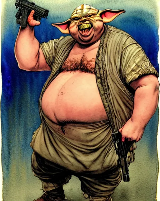 Image similar to a realistic and atmospheric watercolour fantasy character concept art portrait of a fat sleazy homeless chibi yoda wearing a wife beater and holding a handgun, by rebecca guay, michael kaluta, charles vess and jean moebius giraud