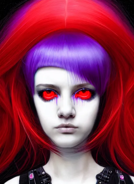 Prompt: hair whitebangs hair, black cyberlox, portrait of normal teenage girl, red eyes, white bangs, messy bangs, cyberlox, whitebangs, red irises, purple clothes, intricate, elegant, glowing lights, highly detailed, digital painting, artstation, concept art, sharp focus, smooth, illustration, art by wlop, mars ravelo and greg rutkowski