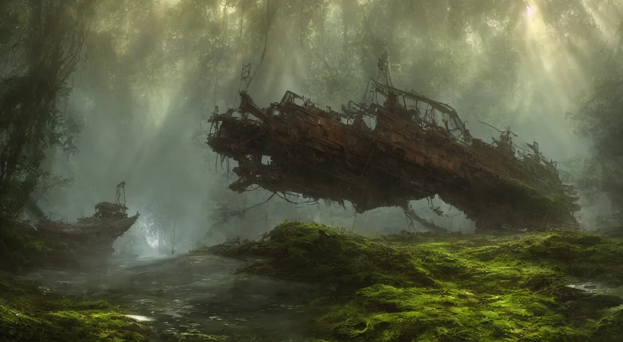 Prompt: rusty warship dreadnought shipwreck in a lush forest, volumetric lighting, god rays, , global illumination, puddles of water, sci-fi, ivy, moss, trending on artstation, concept art by Greg Rutkowski and Sebastian Luca ad Moebius