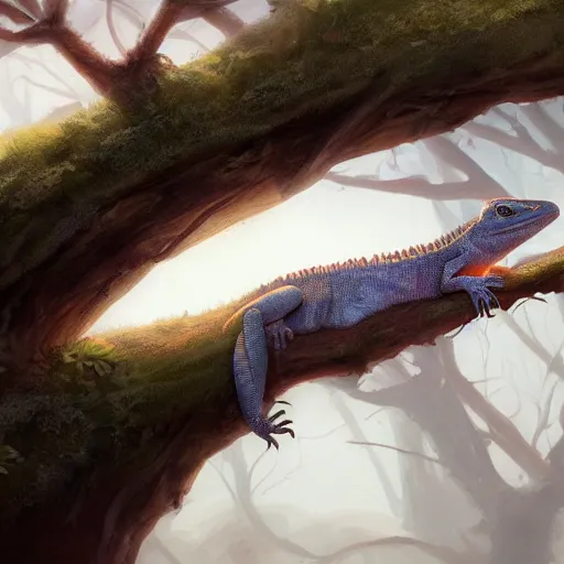 Prompt: lizard resting atop a tree branch, extreme detail, 4 k, trending on artstation, award - winning, art by greg rutkowski and yakovlev