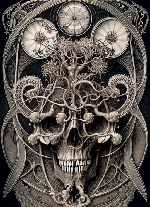 Image similar to art forms of nature by ernst haeckel, memento mori by arthur rackham, ornate antique porcelain beautiful skull mask, ultrasharp, photorealistic, hyperdetailed, octane render, polished, art nouveau, neo - gothic, gothic, intricate ornamental organic filigree, art nouveau botanicals, art forms of nature by ernst haeckel, horizontal symmetry, symbolist, visionary