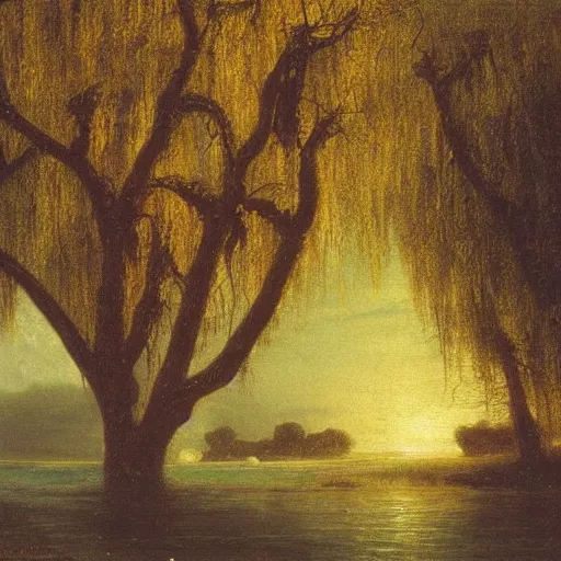 Image similar to oil painting of a willow tree next to a raging river by albert bierstadt, beautiful lighting - h 7 0 4