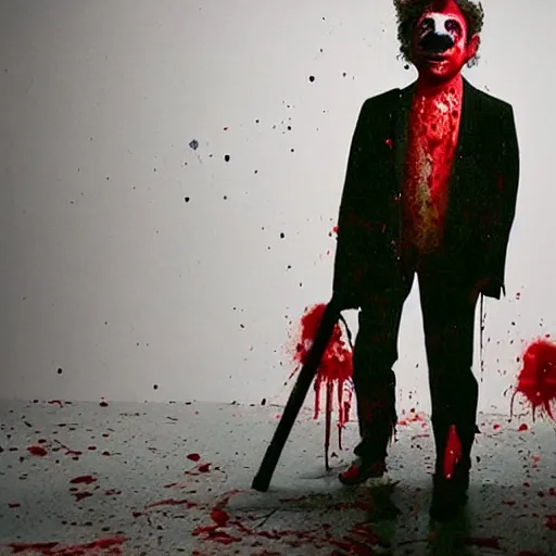 Prompt: full body head to toe shot of an expressionless clown with blood splattered on him, muted tones, slightly out of focus, found footage, dutch angle