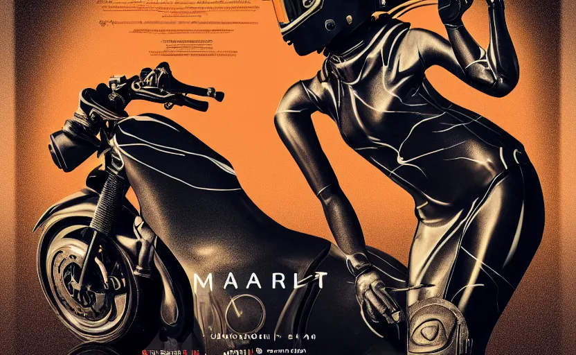 Prompt: a detailed and award winning movie poster with a black marble statue of woman wearing motorcycle helmet, closed visor, marble, statue, museum, soft lighting, night time, graphic design, typography, indoor, 8 k, detailed, beautiful