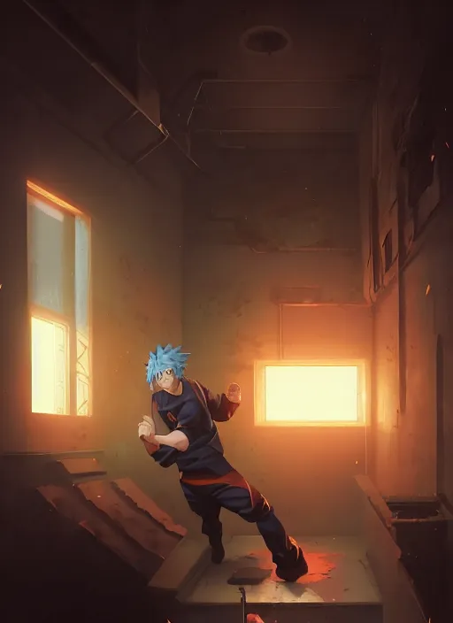 Prompt: highly detailed prison cell with naruto uzumaki with black hair, punching a wall, art by greg rutkowski, loish, rhads, ferdinand knab, makoto shinkai and lois van baarle, ilya kuvshinov, rossdraws, tom bagshaw, global illumination, radiant light, detailed and intricate environment