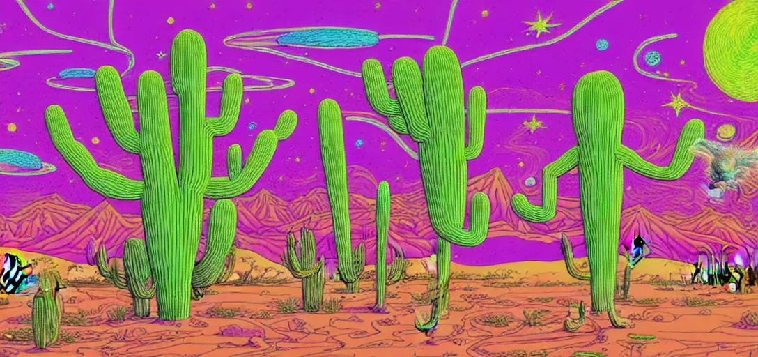 Prompt: A hand drawn digital still of mystical desert with strange ethereal creatures and cactus with a psychedelic night sky, A alien with a sombrero is walking thru the desk drunk drinking a beer in the style of Alex Grey and Moebius, risograph, Artstation HD, 8k, Surrealistic digital artwork,