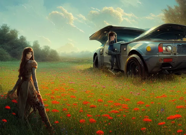 Prompt: detailed intricate digital illustration by greg rutkowski and artgerm and wlop and sanford robinson gifford ; 2 0 0 4 vehicle, beautiful meadow with colorful flowers in background ; 1 3 mm film, arri alfa anamorphic lens ; sharp focus, golden hour lighting, trending on artstation 4 k ; close view