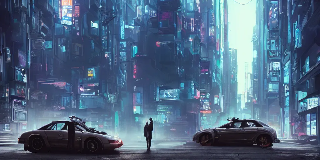 Image similar to a man standing next to a car on a city street, cyberpunk art by Vincent Lefevre, cgsociety, retrofuturism, matte painting, reimagined by industrial light and magic