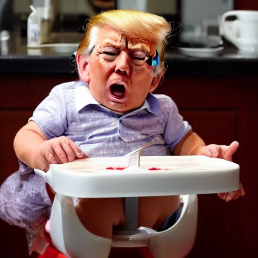 Image similar to crying donald trump in a highchair with pudding all over his face, gettyimages