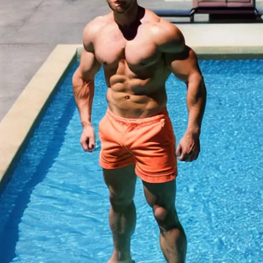 Image similar to a handsome muscular male fitness model with blonde hair, chris redfield, who is a male android, muscular, wearing a cut - off pink top and short light orange shorts, stands by a swimming pool