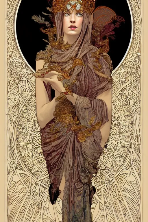 Prompt: high priestess, intricate, elegant, highly detailed, concept art, sharp focus, beautiful face!!, digital art, smooth defined outlines!!, human anatomy, human structure, vector background, art nouveau vector background, by Brom, trending on Artstation, Alphonse Mucha, Tom Bagshaw, Sargent