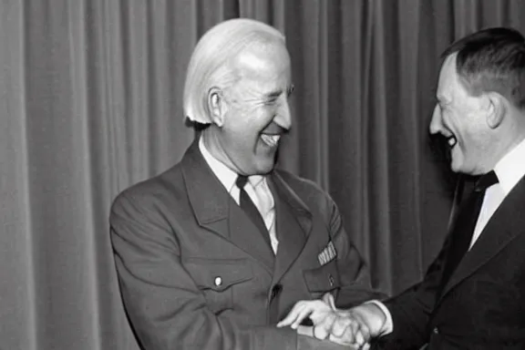 Image similar to “ very very intricate photorealistic photo of hitler and joe biden laughing together, detailed natural lighting, award - winning crisp details ”