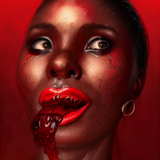 Image similar to portrait of burning african woman, fire, blood red eyes, open mouth, vampire fangs, fantasy, intricate, elegant, highly detailed, digital painting, artstation, concept art, matte, sharp focus, illustration, octane render, unreal engine, art by aenaluck and roberto ferri and greg rutkowski, epic fantasy, digital painting