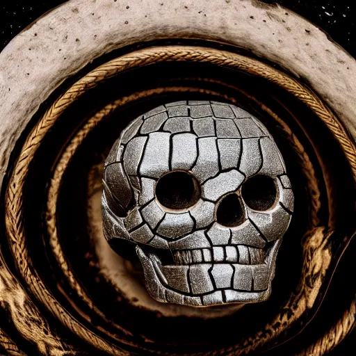 Image similar to metallic other-worldly skull with the body of an infinite coiled snake coming up from a hole in the floor, room interior, dark fantasy, XF IQ4, f/1.4, ISO 200, 1/160s, 8K, RAW, unedited, symmetrical balance, in-frame