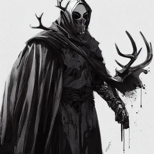 Prompt: portrait of a character wearing a black cloak, with a white mask in the shape of a deer skull, no antlers, dramatic lighting, illustration by Greg rutkowski, yoji shinkawa, 4k, digital art, concept art, trending on artstation