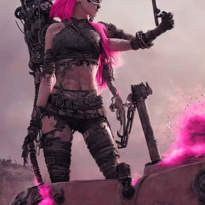 Image similar to beautiful apocalyptic woman with pink Mohawk, standing on mad max panzer tank, 4k ultra hd, fantasy dark art, tank girl, artgerm, artstation, octane render, elegant, detailed digital painting