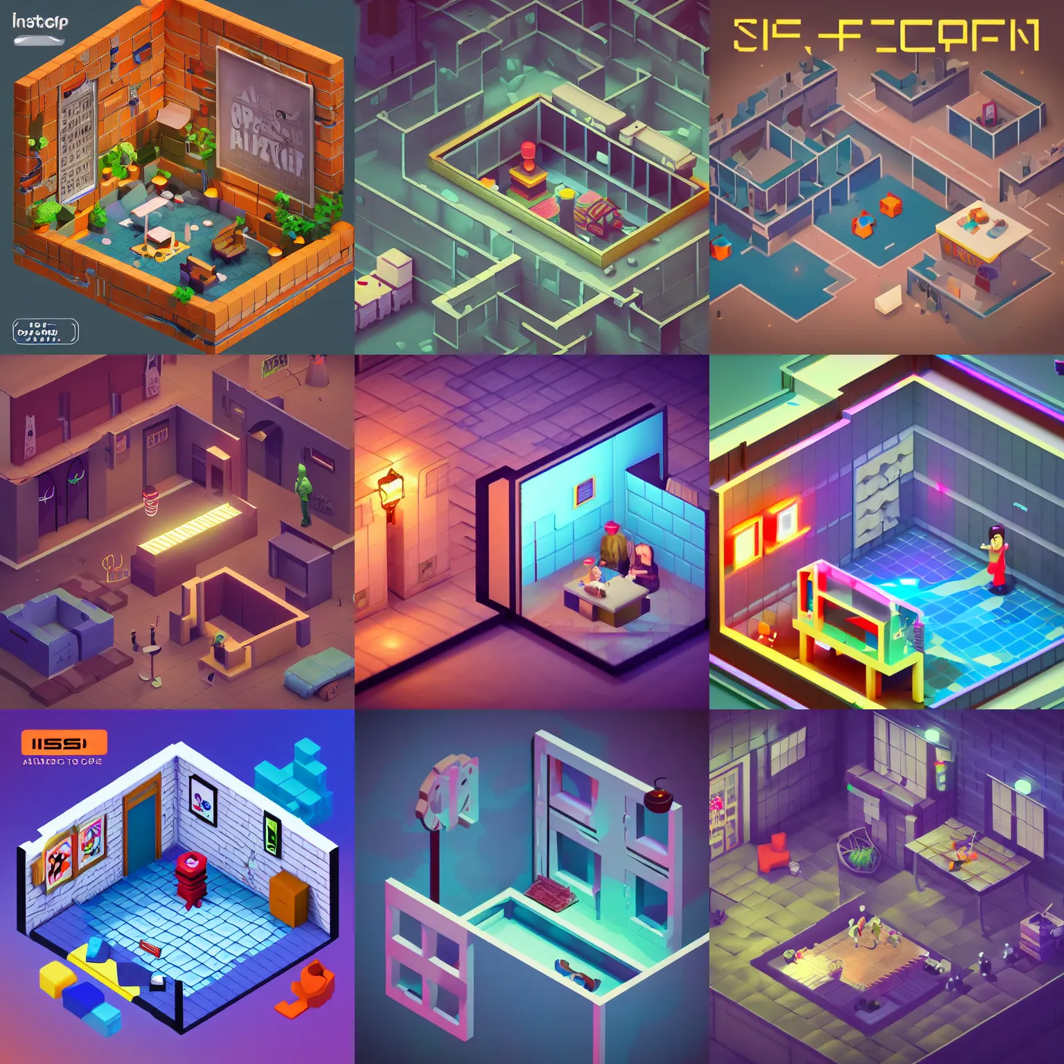 Prompt: isometric game art escape room indoor, trending on artstation, cute, Mohamed Chahin style, vray render with ambient lights and volume 4k