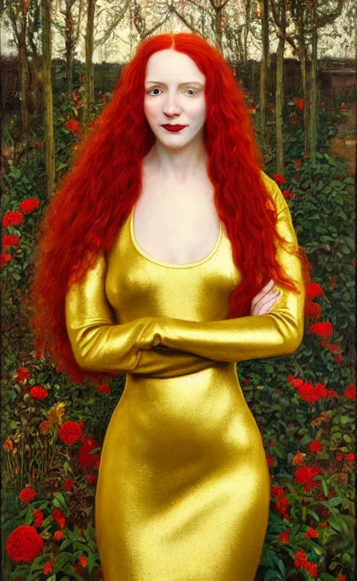 Image similar to portrait of a woman with long red hair, very beautiful style, the girl standing, in a gold suit, photorealism, against a winter garden, vanya comoretti,