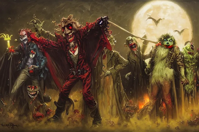 Image similar to vampire muppet batman and zombie robin vs. joker van helsing. art by gaston bussiere.