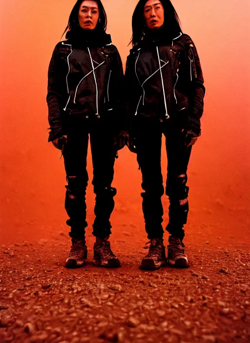 Image similar to cinestill 5 0 d photographic portrait of two loving clones, women wearing rugged black techwear on a desolate plain with a red sky, extreme closeup, diverse species, cyberpunk, in front of a brutalist dark metal facility, dust storm, 3 5 mm, 8 k, f / 3 2, high resolution, ultra realistic faces, beautiful faces