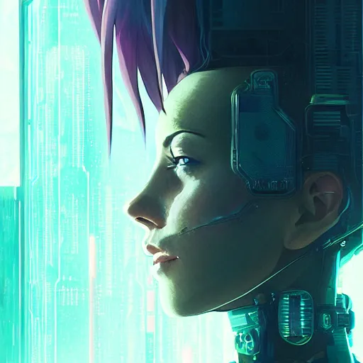 Prompt: portrait of cyberpunk woman looking out of a window, cyberpunk setting, futuristic, highly detailed, intricate lighting, digital painting, sharp focus, illustration, trending on artstation, art by makoto shinkai.