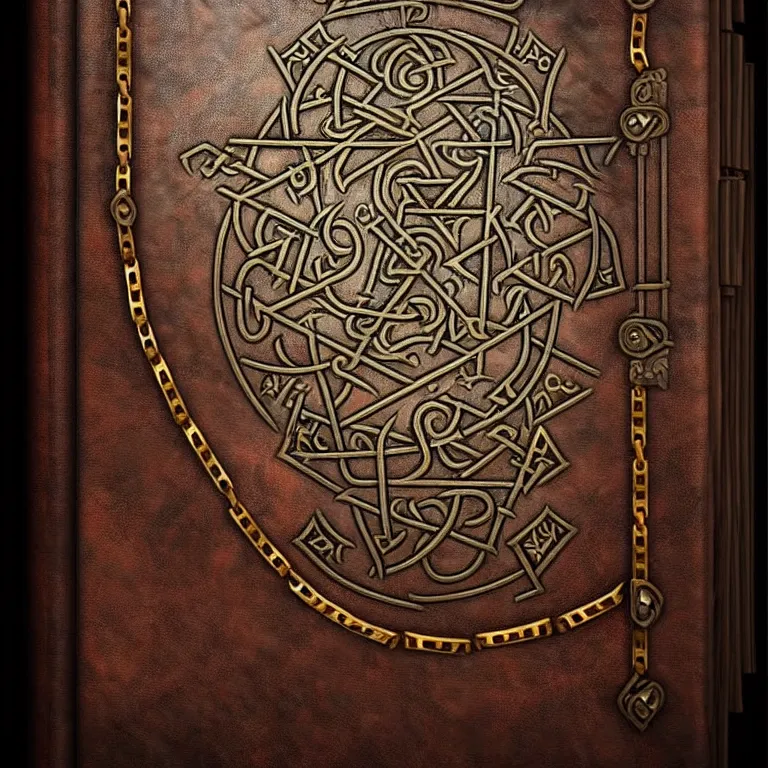 Image similar to epic professional digital art of an ancient leather-bound spellbook with heavy metal chains and thick metal clasps inscribed with runes; best on artstation