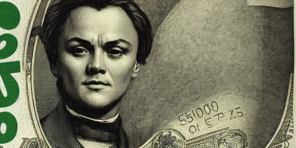 Image similar to 5 0 dollar bill with the face of leonardo di caprio, high details