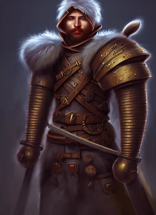 Prompt: a portrait of meoguard human male warrior!!, fantasy, dungeons and dragons, an ultrafine detailed painting, detailed painting, boris valejo.