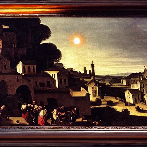 Image similar to dark solar eclipse, above a village, highly detailed, studio 4 k quality, by caravaggio