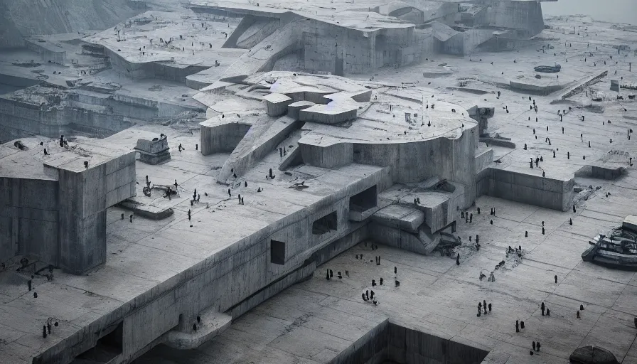 Image similar to big brutalist imperial military base on cliffs, drawing architecture, very long shot, top angle, imperial architecture in rogue one, pritzker architecture prize, brutalism architecture, jan urschel, greig fraser