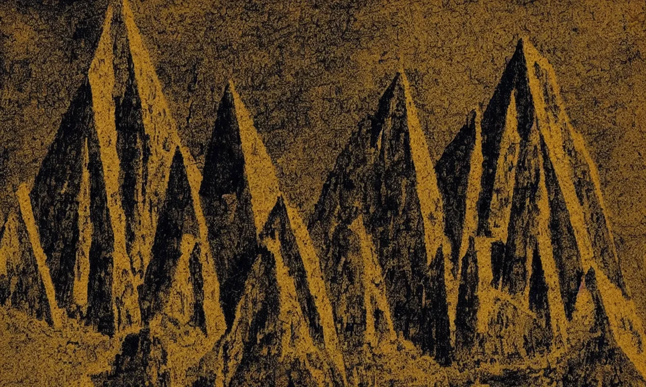 Prompt: cave painting of a single black pyramid in a jungle