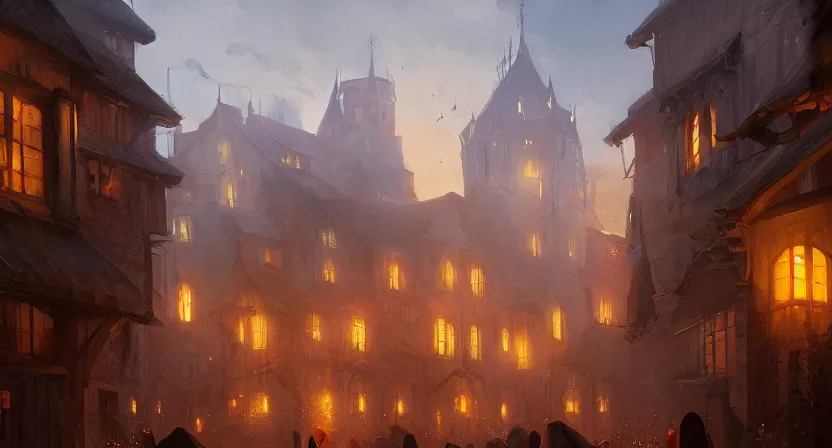 Image similar to A digital concept art painting of a medieval european town full of candle-lit windows floating in air, hooded figures, golden hour, by Greg Rutkowski, trending on Artstation