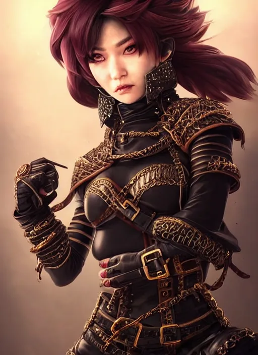 Image similar to rogue, fantasy ornate leather bandit outfit!!! close - up portrait beautiful and athletic short hair female!! gorgeous face and eyes!! character concept art, sharp focus, octane render! unreal engine 5! highly rendered!! trending on artstation!! detailed linework!! illustration by artgerm, chie yoshii, and wlop