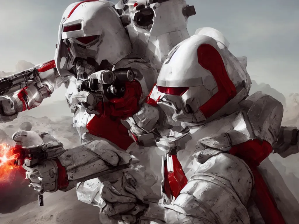 Image similar to gigachad space trooper in glossy sleek white armor with small red details, no helmet, long red cape, heroic posture, firing laser rifle, on the surface of mars, explosions in the background, night time, dramatic lighting, cinematic, sci-fi, hyperrealistic, movie still