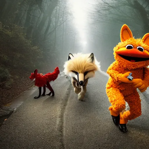 Prompt: a large fox muppet wearing a hooded cloak herding a bunch of random muppet animals following behind through a dark forest, sesame street, photograph, photography, ultrarealistic, national geographic