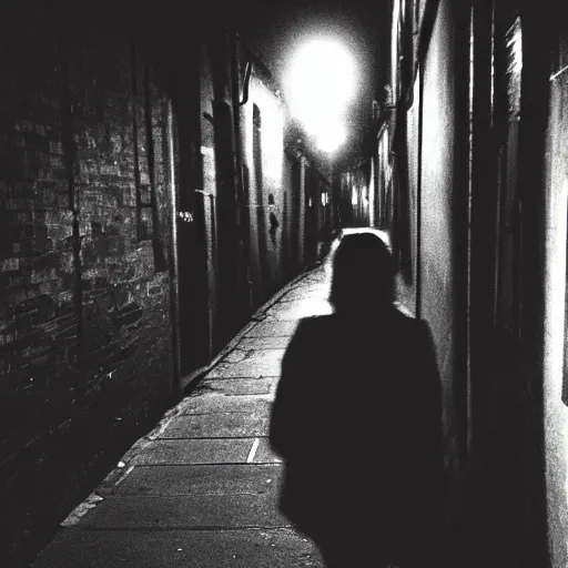 Image similar to a creepy iphone camera photograph of a dark alleyway in west philadelphia at night, with a college - aged woman in the distance. girl in the photo wearing a navy hoodie. directed by david lynch, full color