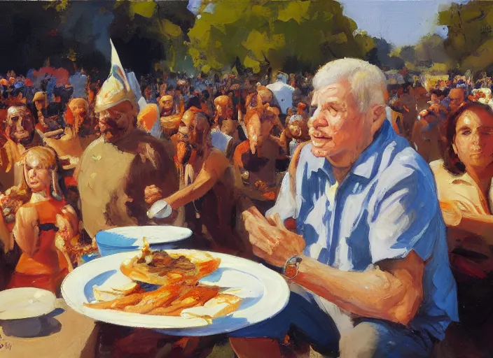 Prompt: a highly detailed beautiful portrait of a bibi nethanyahu protesting against eating animals while people doing bbq, by gregory manchess, james gurney, james jean