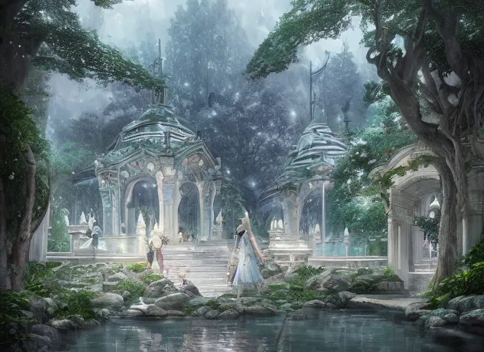 Prompt: A bathhouse in a beautiful elven city made of white marble, anime, lush trees, fountain, a fantasy digital painting by Greg Rutkowski and James Gurney, trending on Artstation, highly detailed