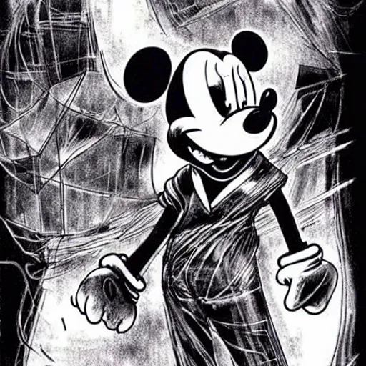 Image similar to Mickey Mouse looking sinister, by Tsutomu Nihei, highly detailed