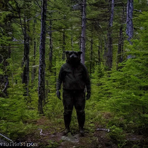 Image similar to A bipedal monster in a northern forest. Trail cam, grainy, at night.