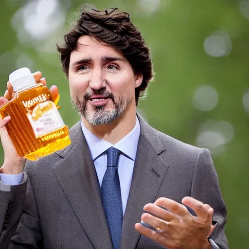 Prompt: justin trudeau covered in maple syrup, it is sticky and dripping