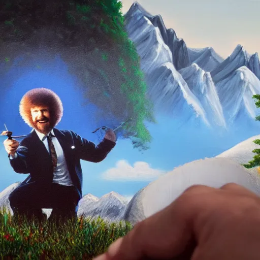 Image similar to a closeup photorealistic photograph of bob ross working on a canvas painting of cookie monster. film still. brightly lit scene. mountains and trees. this 4 k hd image is trending on artstation, featured on behance, well - rendered, extra crisp, features intricate detail, epic composition and the style of unreal engine.