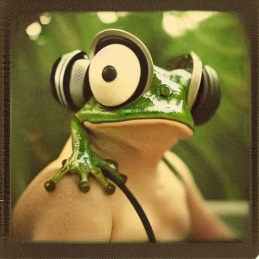 Prompt: a polaroid photo of a frog wearing headphones