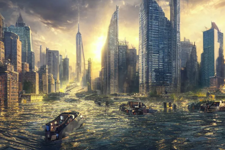 Prompt: a photo of an epic view of a sprawing far-future flooded ecotopia Manhattan metropolis, with shiny glass buildings, and canal streets with gondolas and other boats, sparkling water, golden hour, beautiful, dynamic lighting, atmospheric, highly detailed, cinematic establishing shot