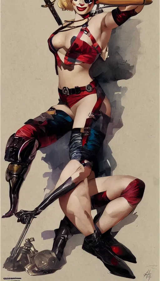 Image similar to margot robbie as harley quinn in a pin - up pose figure by artgerm, greg rutkowski and alphonse mucha, concept art, matte, intricate, full body, epic composition