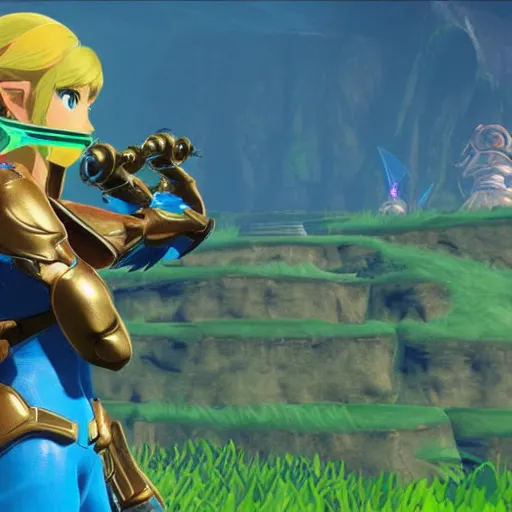 Prompt: Samus in The Legend of Zelda Breath of the Wild