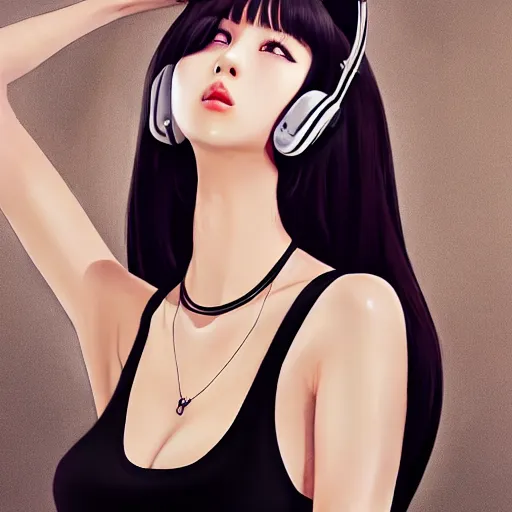 Image similar to realistic detailed semirealism beautiful gorgeous natural cute excited happy Blackpink Lalisa Manoban black hair black cat ears, wearing white camisole outfit, headphones, black leather choker artwork drawn full HD 4K high resolution quality artstyle professional artists WLOP, Aztodio, Taejune Kim, Guweiz, Pixiv, Instagram, Artstation