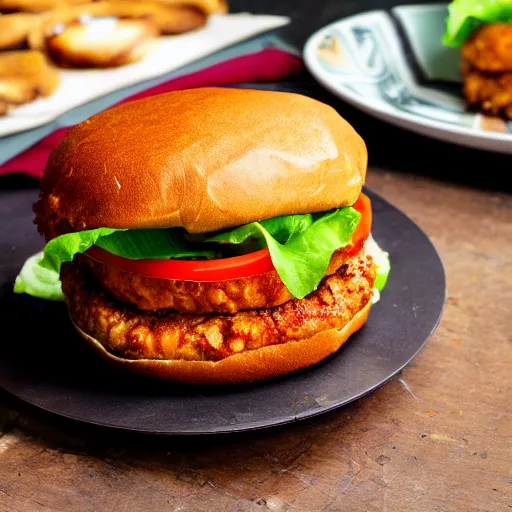 Image similar to a spicy crispy chicken burger, food photography, detailed, yum, sauce dripping down the side